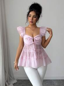 Rafferiza Áo sơ mi nữ mùa hè thời trang hai lớp tay bồng, khoét lỗ phía trước, dây rút, viền bèo nhún, thích hợp cho kỳ nghỉ. - Hồng - Xem 4