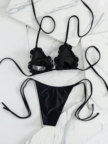 Swim Mod Summer Vacation Sexy Solid Color Patchwork Petal Micro Triangle Bikini Set - Black - View 7
