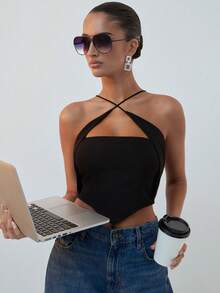 Hauture Women's Black Summer Seksi Chic Halter Neck Top,Back Smocking Detailed Crop Top,Office Chic Styling,Old Money Aesthetic Woven Top,Club Night Top - Black - View 1