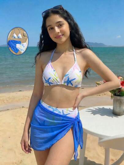 SHEIN 少女比基尼套装，海星印花三件套泳衣带裙子，时尚休闲优雅泳装，适合游泳、度假、夏季穿着（印花随机）