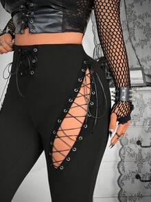 Whyspr 女士街头风长款抽绳针织打底裤，春夏款 - 黑色 - 查看 3