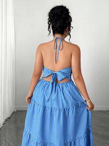 Elenzga Women's Fashionable Elegant Halter Backless Tie Strap Striped Dress - Blue and White - View 2