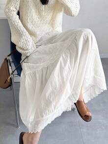 FRIFUL Chân váy maxi chữ A phối ren tương phản dành cho nữ - trắng - Xem 3