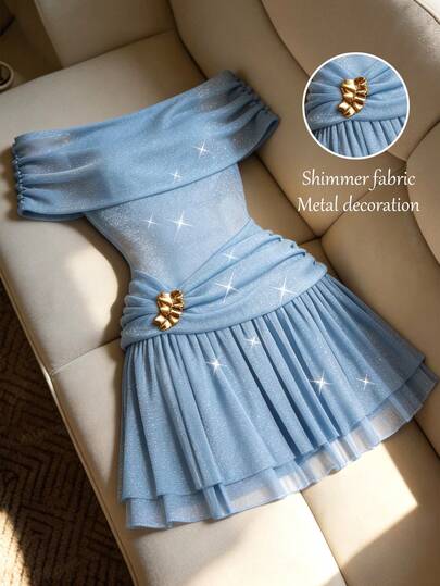 Franclia 女士优雅露肩连衣裙，多层裙摆设计，腰部褶皱金属扣装饰，亮面面料，有内衬，适合春夏通勤、日常穿着、冬季穿着、参加派对、海滩度假、约会、毕业典礼、度假、音乐节等场合。