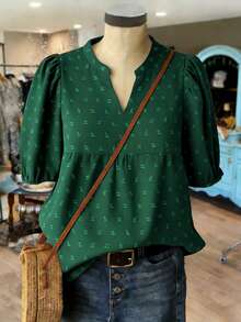Linhara Blus Kasual Wanita Ukuran Besar Motif Bunga Leher V Berlekuk Lengan Mengembang, Valentine Musim Gugur - Hijau - View 1