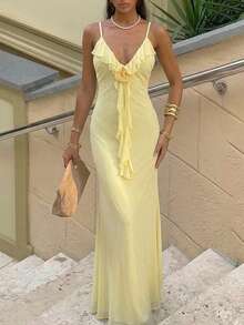 Aloruh 优雅浪漫性感约会派对海滩度假情人节婚礼季黄色深V荷叶边拼接3D花卉装饰腰部褶皱露背薄纱长裙，浅黄色长裙，婚礼宾客礼服，度假连衣裙，纯色 - 鵝黃色 - 查看 12