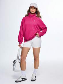 Eassivo Eassivo Women's Half-Zip High Neck Pullover Sweatshirt, Casual Outerwear - Hot Pink - View 7