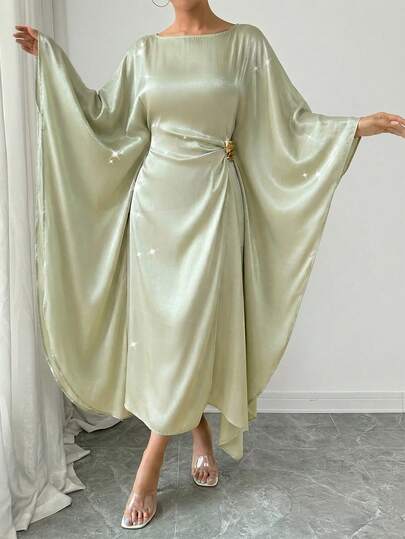 Rafferiza Spring & Summer Fashion Middle Eastern Style Loose Fit Adjustable Waist Metal Buckle Decor Dress, One Size Fits All Abayas Dubai Luxury Abaya For Women Dubai Green Abaya Kaftan Arabian Dress Abayas For Women Prayer Dress Arabian Dresses For Women Mint Green Elegant Dress Women Butterfly Abaya Abaya Two Piece Set