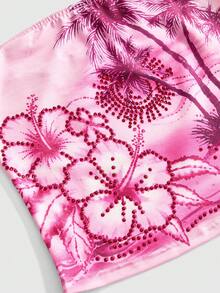 ROMWE Avant Island Vacation Style Hibiscus, Palm Tree, Sunset, Pink Sea Rhinestone Print Y2K Crop Top For Plus Size Women - Pink - View 3