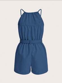 SHEIN PariChic Rompi Kasual Wanita Warna Polos Leher Bulat untuk Sehari-hari - Dark Wash - View 2