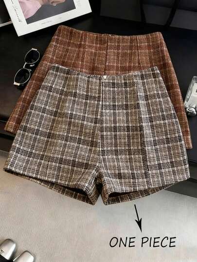 Franclia Shorts Femininos Retrô Elegantes e Emagrecedores com Estampa Xadrez