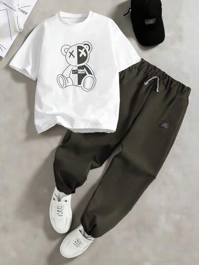 2pcs/Set Tween Boy Summer New Bear Graphic Round Neck Short Sleeve T-Shirt And Woven Casual Pants Set
