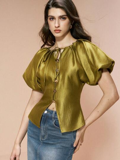 Arave Women's Solid Color Knotted Slit Elegant & Fashionable Short Sleeve Blouse