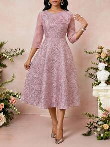 SHEIN Lady 女士纯色3D立体花卉装饰圆领网纱拼接优雅中长连衣裙 节日礼服 毕业礼服 婚礼宾客礼服 女士花卉连衣裙 粉色连衣裙 粉色优雅连衣裙 优雅中长连衣裙 优雅春季连衣裙 法式连衣裙 派对连衣裙 正式连衣裙 婚礼宾客礼服 女士场合连衣裙 女士婚礼服装 女士宾客正式连衣裙 特殊场合连衣裙 玫瑰印花连衣裙 女士连衣裙 正式服装 女士经典连衣裙 - 粉色 - 查看 8