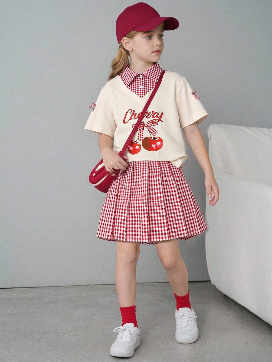 两件套女童夏季套装，樱桃印花短袖翻领上衣，搭配红白格纹百褶裙，整体造型可爱甜美，休闲百搭的夏季服装 - 杏色 - 查看 1