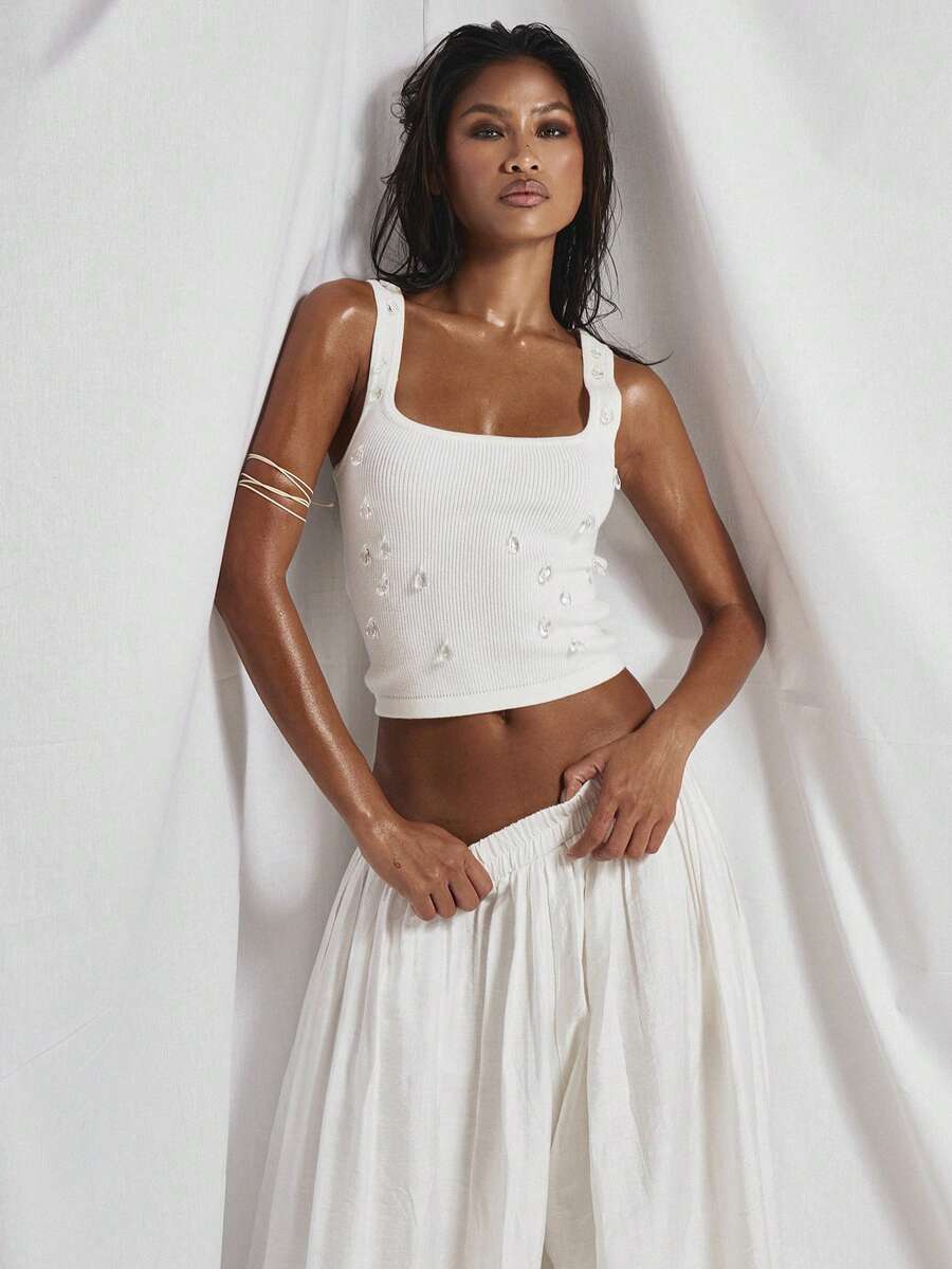 MUSERA Square Neck Tear Drop Crystal Embellished Fitted Tank Top Cute Summer Spring Going Out Occasion Embellished - White - View 1