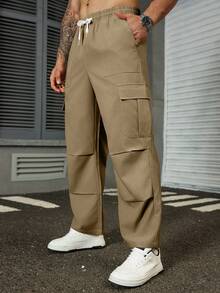 Manfinity Homme Plus Size Men's Casual Solid Color Straight Leg Cargo Pants - Khaki - View 3
