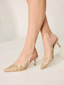 CUCCOO CHICEST Women Shoes Pointed Stiletto Apricot Lace Mesh Pearl Sexy Fashion Elegant With Skirt Daily Versatile Banquet Party Ladies High Heel Shoes Slingback Slingback Shoes Wedding Shoes Summer Shoes Bride Shoes - Apricot - View 6