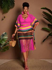 Maweii Plus Size Women's Knitted 2-Piece Set,Pink Summer Boho Vacation V-Neck Short-Sleeved Top & Tassel Mini Skirt,Flowing Seaside Swimsuit Outing Fall - Multicolor - View 3