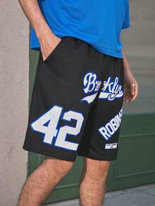 Open Phase 男士宽松篮球字母印花休闲运动短裤，夏季 - 黑色 - 查看 5