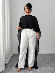 Elenzga Blusa elegante de gasa negra para mujer talla grande, chal para verano, formal, de noche y para ir al trabajo - Negro - Ver 6