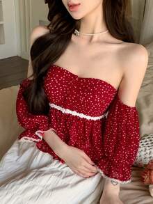 Joudiya Áo kiểu chấm bi đỏ mùa xuân hè với viền ren xếp nếp, thiết kế khoét lỗ, trễ vai, dáng ngắn, thắt eo, tay ngắn, phong cách thường ngày đi nghỉ mát biển. - Đỏ - Xem 7