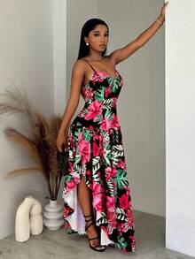 BamGleam Vestido largo de verano para mujer con estampado floral negro estilo boho, sin espalda, sin tirantes, asimétrico y acampanado, para vacaciones y playa con estampado tropical - Rojo - Ver 4