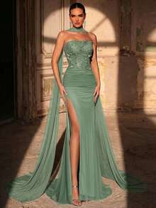 Aureia Đầm đuôi cá sang trọng, thanh lịch, đính cườm, sequin, họa tiết hoa 3D, phối ren, chất liệu lưới co giãn kiểu Hàn Quốc, xếp ly gợi cảm, thích hợp cho đám cưới, sự kiện, tiệc tùng, kỳ nghỉ, dạ hội và các dịp trang trọng. - Cỏ xanh - Xem 2