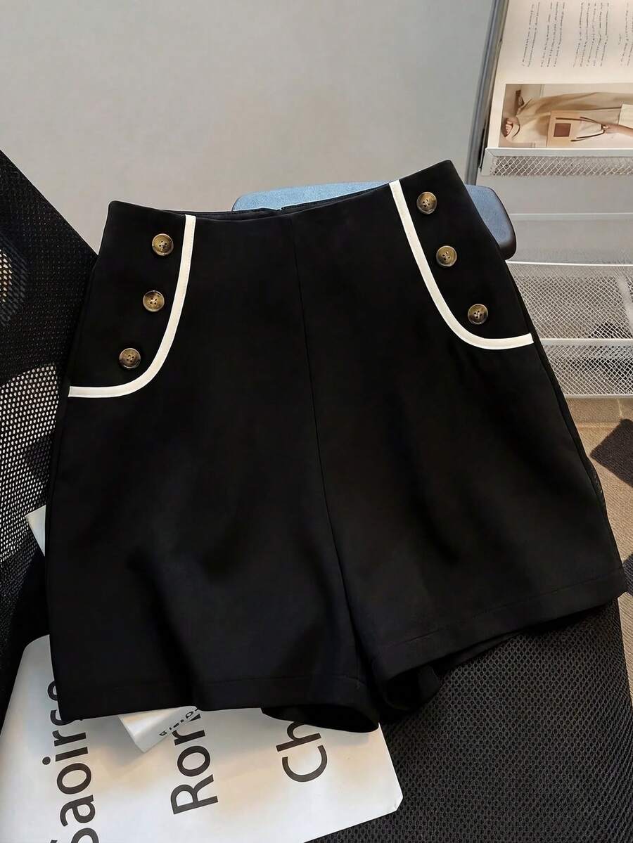 GlowEve CURVE Plus Size Women's Black & Apricot Elastic Waist Shorts With Buttons, Simple & Fashionable For Business, Commute And Daily Wear, Spring/Summer - Black and White - View 1