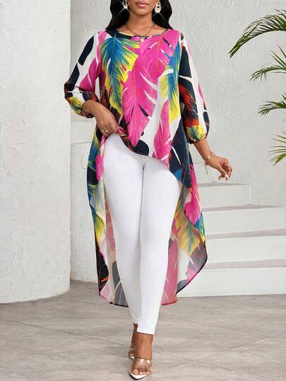 SHEIN Lady 女士前短后长全印花优雅衬衫