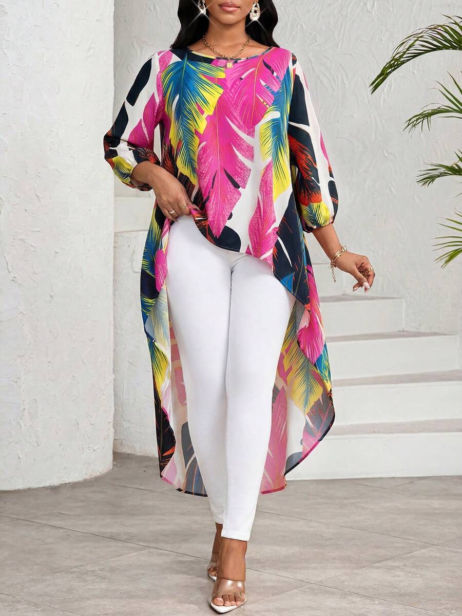 SHEIN Lady 女士前短后长全印花优雅衬衫 - 彩色 - 查看 1