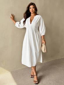 Auralis Plus Size Casual Solid Color Deep V-Neck Dress Work Outfits For Women Office Outfits For Women Office Attire For Women White Dress White Dresses For Women - White - View 3