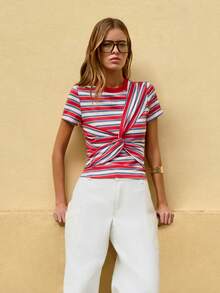 Nöista 女士条纹圆领扭褶休闲百搭日常短袖T恤 - 紅色 - 查看 4