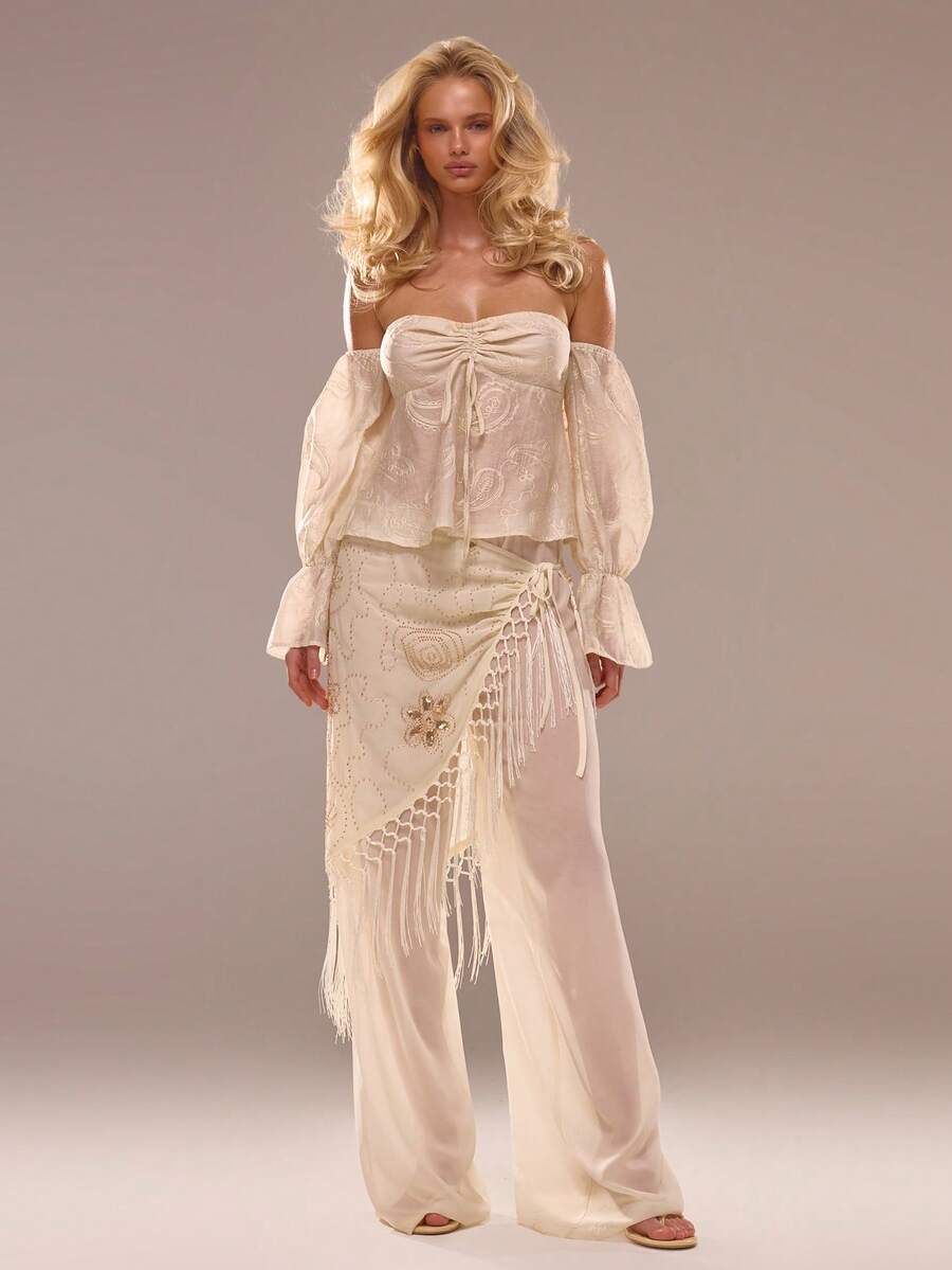 MUSERA Váy xếp tầng tua rua đính sequin, quần cạp thấp, thích hợp cho kỳ nghỉ hè, đi biển, Ibiza, lễ hội, thanh lịch, trăng anh đào. - Vàng nhạt - Xem 1