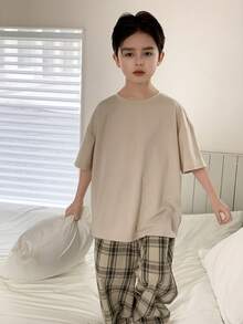 Dazy Kids Tween Boy Solid Color Short Sleeve Top And Plaid Pants Pajama Set Summer - Apricot - View 5