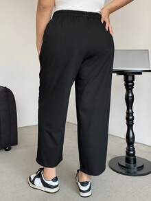 Dazy Petite Plus Elastic Waist Loose Harem Solid Color Casual Long Pants, All Season Fall - Black - View 2