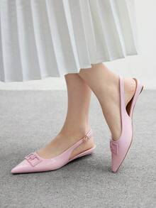 CUCCOO CHICEST 女士方扣尖头低跟平底鞋，独特鞋跟设计，百搭舒适，酒红色漆皮一脚蹬平底鞋，适合上班和通勤 - 粉色 - 查看 4