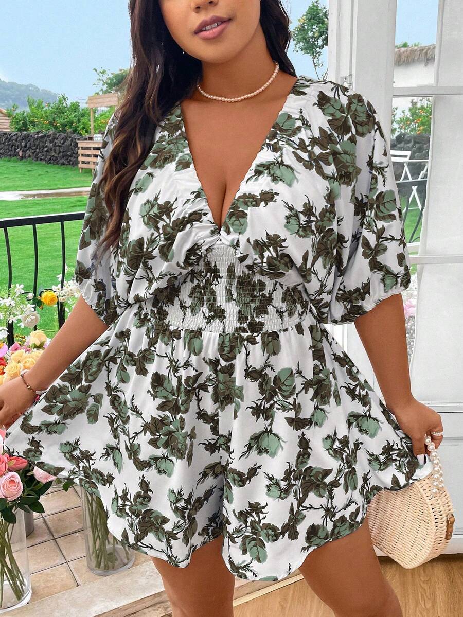 Flirla Plus Size Women Floral Print Drawstring Waist Batwing Sleeve Casual Jumpsuit - Dark Green - View 1