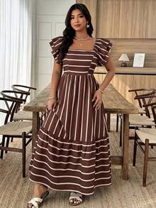 Weeklong Women's Ruffled Sleeve Striped A-Line Vacation Dress, Fashionable Vacation Dress - Multicolor - View 3