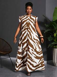 Veslaya Plus Size Casual Dress With All-Over Print - Brown - View 3