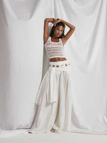 MUSERA Open Crochet Knit Shell Beaded Fitted Cropped Cami Top Spring Summer Elegant Vacation Holiday Ibiza Club Occasion Sexy Seashell Shores - White - View 3