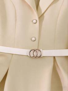 Franclia Mid-Length Dress With Coarse Bamboo Knot Fabric, Front & Center Metal Buckle, Faux Pearl & Metal Mushroom Button Decor Beige Dress Belted Dress Elegant Outfits For Women Short Sleeve Dress Elegant Dress For Women Dress Aesthetic Fashion Dress - Apricot - View 4