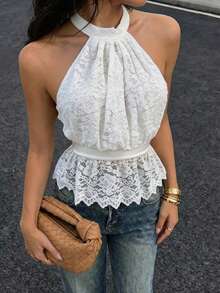 Firerie 女士浪漫性感优雅花卉蕾丝露背系带吊带背心，夏季 - 白色 - 查看 2