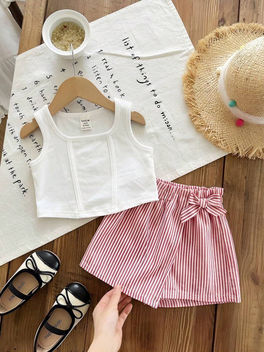 Baby Girls Summer Red And White Stripe Cute Vacation Sleeveless Top&Striped Wrap Skirt Shorts Set,U-Neck Ribbed Tie-Up Curved Hem Knit Holiday Kids