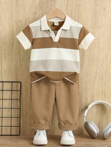 2 piezas Conjunto de camisa polo a rayas y pantalones de cintura elástica para niño pequeño, estilo urbano casual, adecuado para fiesta de cumpleaños, fiesta de noche, actuación, boda, baby shower, celebración del 1er cumpleaños - Multicolor - Ver 8