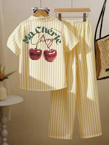 SHEIN 少女休闲条纹衬衫长裤套装，适合度假、外出、上学、ins风穿搭 - 白色 - 查看 1