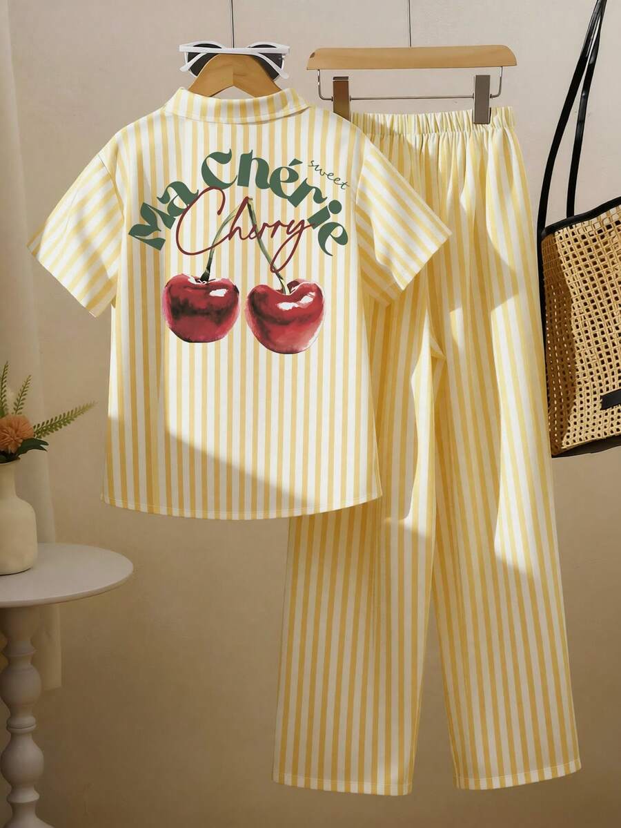 SHEIN 少女休闲条纹衬衫长裤套装，适合度假、外出、上学、ins风穿搭 - 白色 - 查看 1