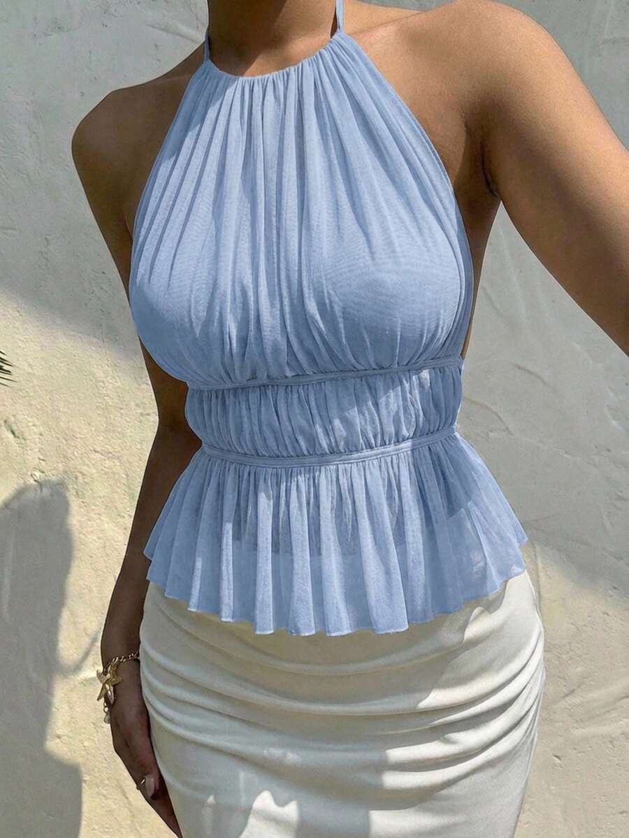 SHEIN SXY 大码女士性感纯色露背吊带背心,夏季 - 淺藍色 - 查看 1
