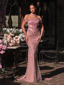 Glamrae Đầm dạ hội trễ vai dáng đuôi cá sang trọng, đính cườm và sequin hoa văn, chất liệu chiffon, phù hợp cho đám cưới, sự kiện, tiệc tùng, kỳ nghỉ, dạ hội (được trang trí cầu kỳ). - Bụi hồng - Xem 2