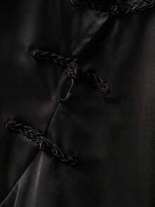 Franclia 新款中国风纽扣门襟短袖T恤，休闲露脐上衣 - 黑色 - 查看 4